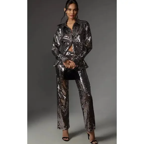 NWT Good American Gray Silver Sequin Wide-Leg Pants - Small - Picture 3 of 7